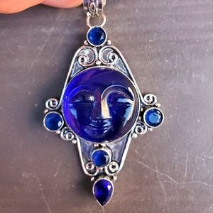 New Blue Topaz Carved Goddess Face 925 Silver Pendant.